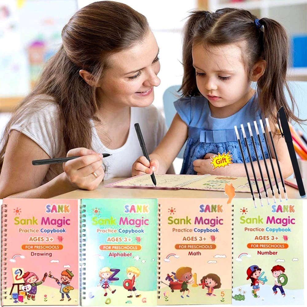 Magic Practice Copybook Set – Reusable Handwriting Copybook (4 Books + Pen & Refills) for Kids
